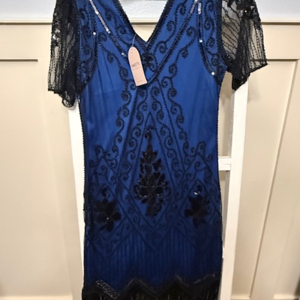 Beaded Fringe Cocktail Dress – Blue & Black (Size M) NWT
